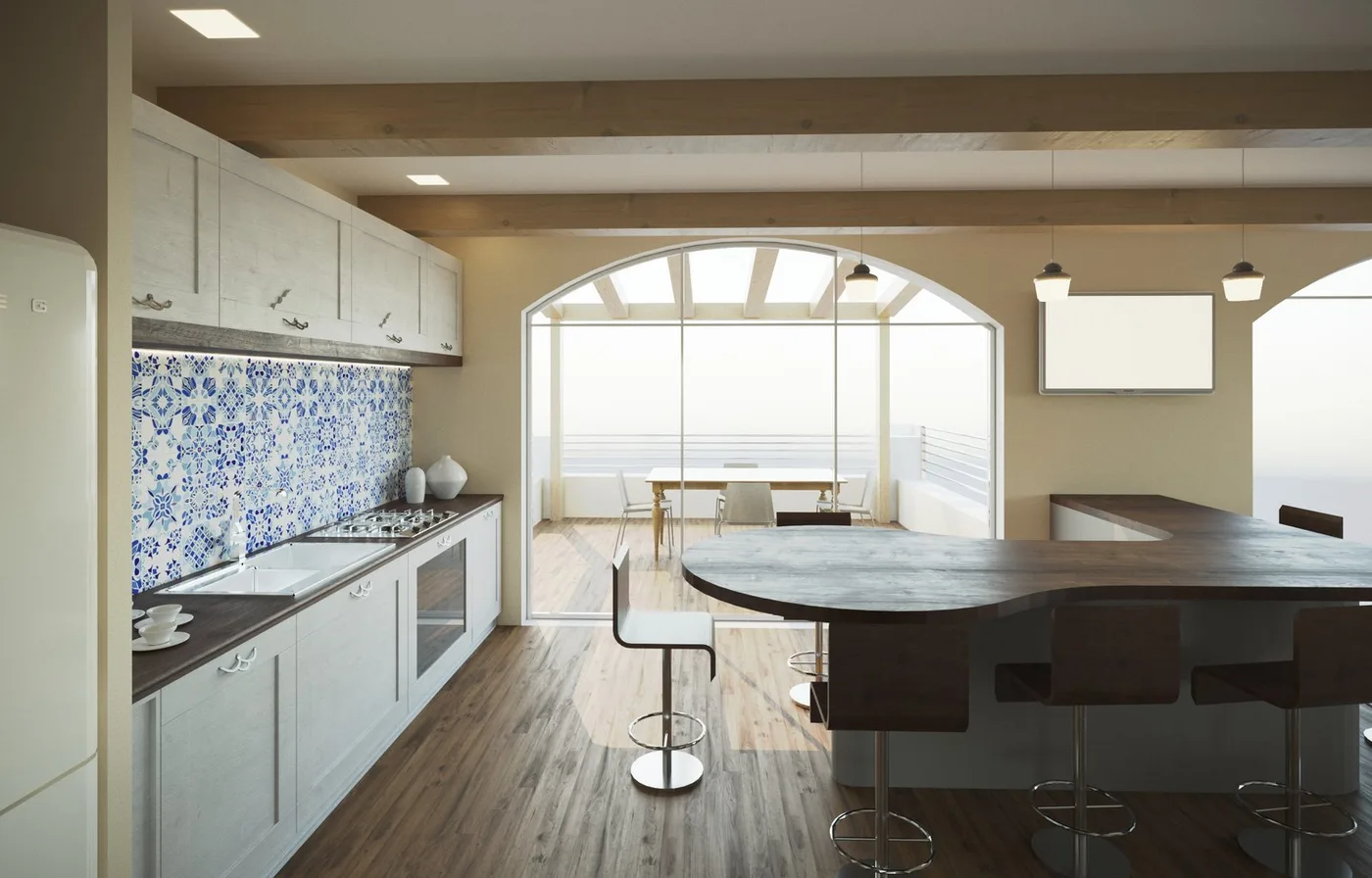 Interno con cucina e veranda ad arco